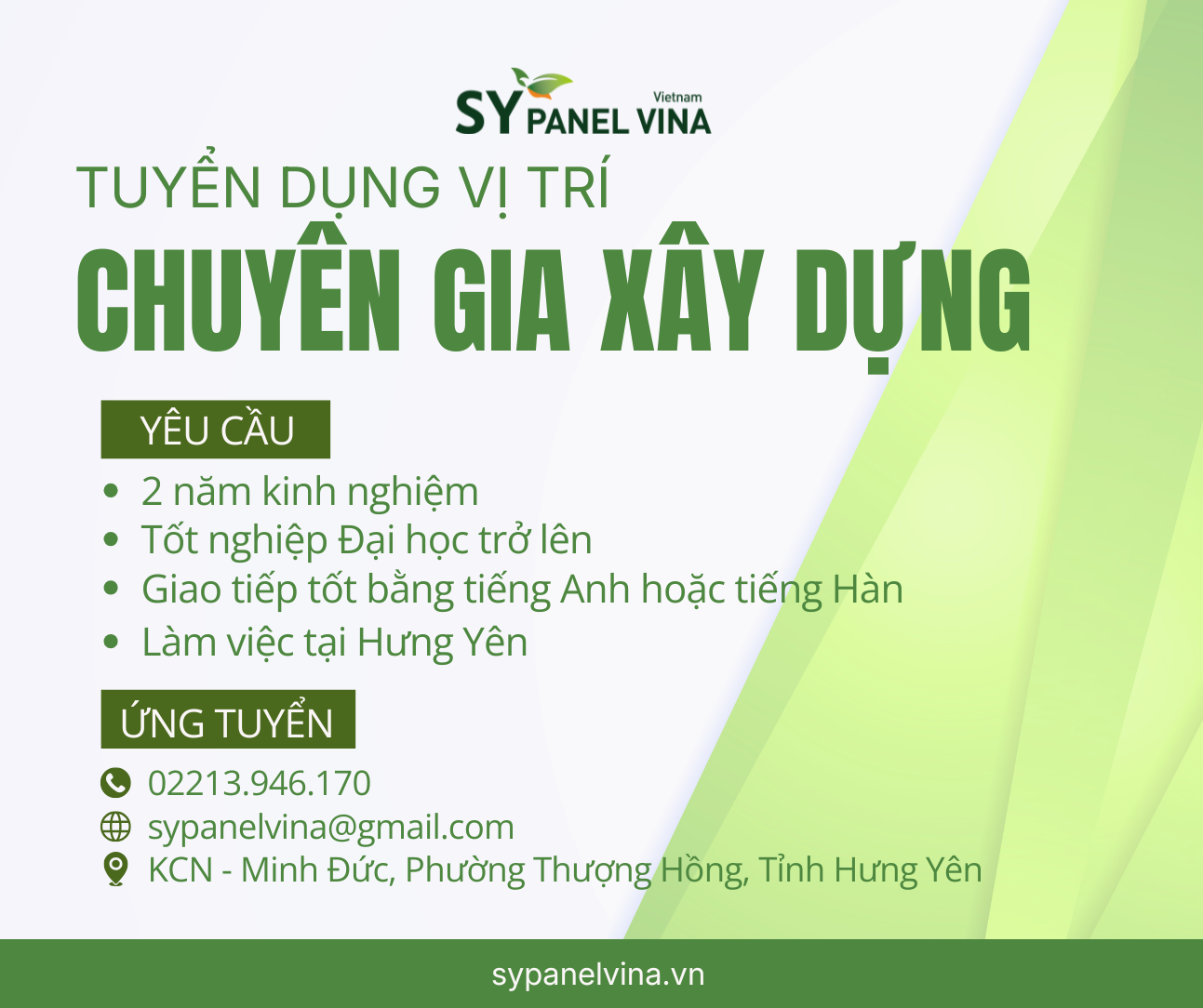 SY PANEL VINA THÔNG BÁO TUYỂN DỤNG